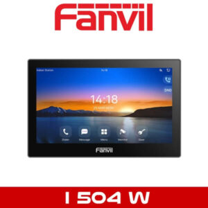 A Fanvil brand indoor touch screen communication station with a sunset mountain wallpaper and interface icons displayed.