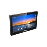 A touch screen indoor station intercom system displaying time and quick action buttons for communication and security control.