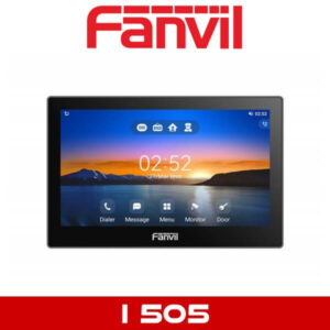 Fanvil brand intercom display showing a colorful interface with icons for dialer, message, menu, monitor, and door, with logo and model number visible.