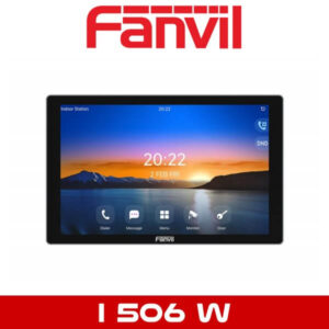 Fanvil branding at the top on a red background, with an indoor station touch screen interface displaying time, date, and function icons.