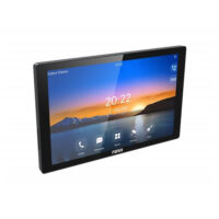 A digital control panel with a touch screen interface displaying time and quick access buttons on a white background.