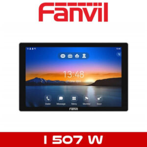 A Fanvil I50 series SIP indoor panel displayed with a homescreen featuring app icons and a scenic sunset wallpaper, with the model number "I507 W" visible at the bottom.