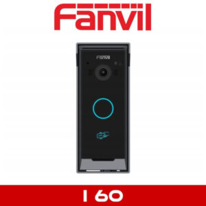 Fanvil logo above a sleek black door access control device with camera and illuminated round button.
