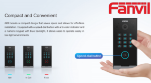 Fanvil Door Phone Feature Highlight Image showing the compact and convenient features of Fanvil i60K door phone with descriptions of speed-dial button and numeric keypad lighting in various operational modes: Idle, In Call, and Fault.