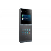 A sleek digital intercom with a touchscreen display and numeric keypad.