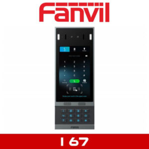 A Fanvil access control device with touchscreen and numeric keypad displayed against a white background.