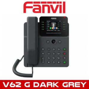 A dark grey Fanvil V62G office phone with a digital display and brand logo on a white background.