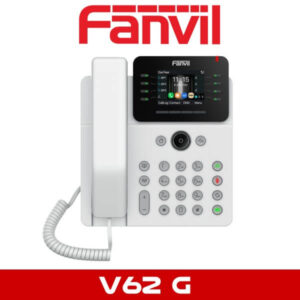 A white Fanvil V62G IP phone with a handset on the left and a display screen showing the time and some operational buttons.