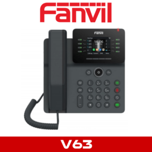 A Fanvil V63 office desk phone with handset and digital display on a white background.