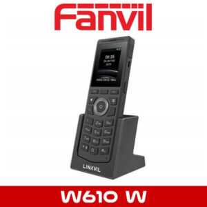 A Fanvil W610 W wireless IP phone on a charging dock with display screen and keypad visible.