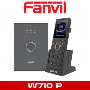 Image of a Fanvil Linkvil W710 P wireless intercom and handset, with a docking station, isolated on a white background.
