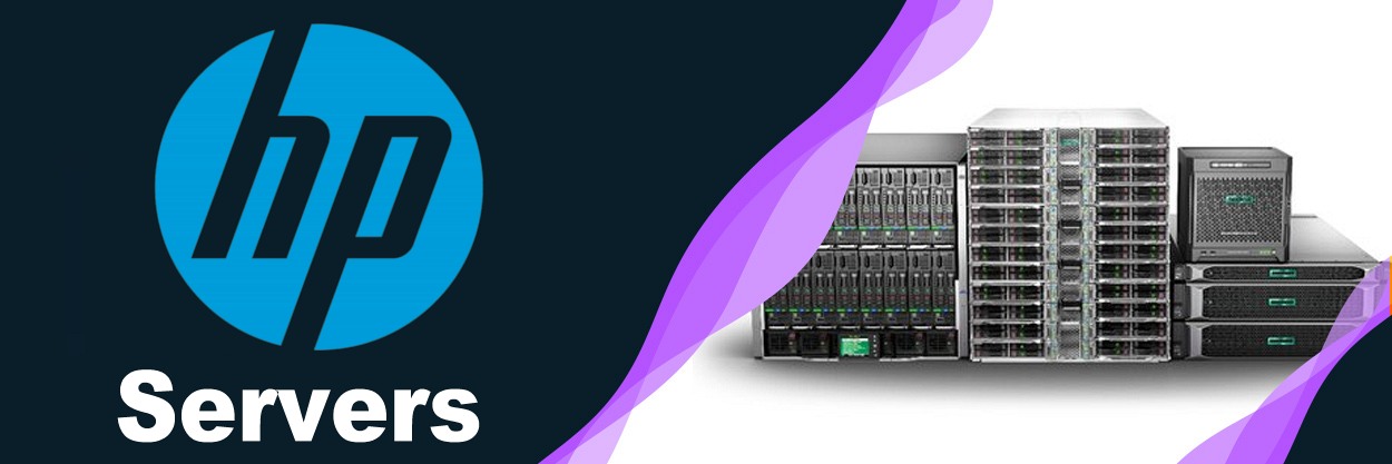 HP High-Performance Servers HP logo with a lineup of HP server hardware equipment.