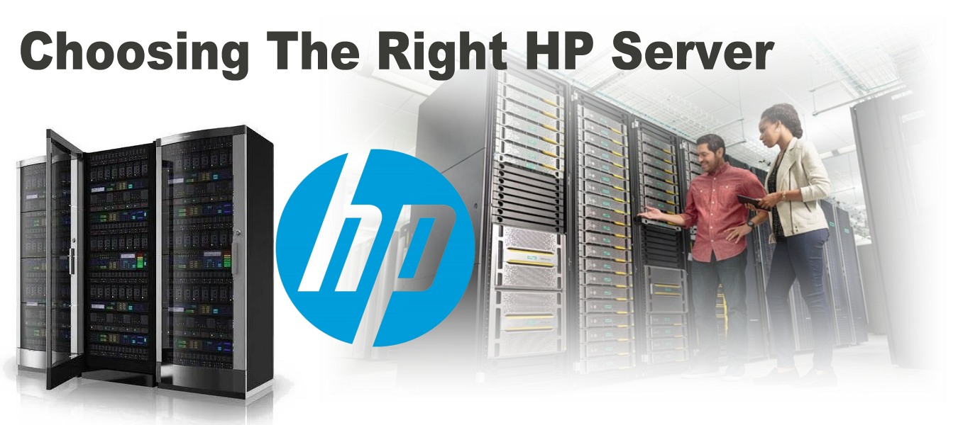 Selecting the Best HP Server Model Two professionals standing next to HP server racks in a data center with the HP logo and text 'Choosing The Right HP Server'.