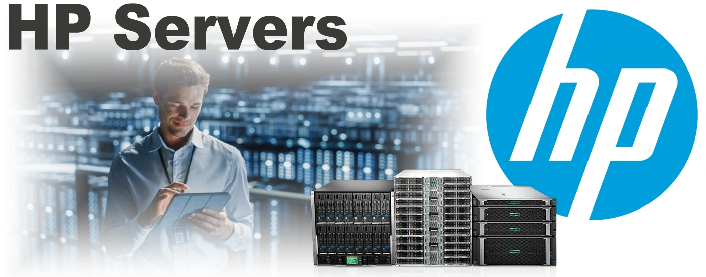 A man using a tablet with a backdrop of server racks next to HP branded servers and the HP logo.
