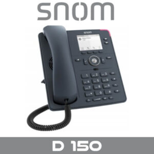 A Snom D150 VoIP telephone with a handset and display screen on a white background.