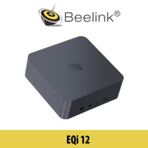 A sleek and compact Beelink EQI12 device displayed against a backdrop of the Dubai skyline, showcasing the blend of modern technology with urban architecture.