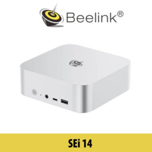 Sleek and compact design of the Beelink SEi 14 Mini PC showcasing ports and the logo.