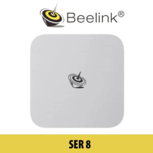 Image of a Beelink SER 8 device featuring a sleek design with a central logo on a white background.