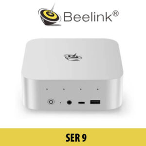 Beelink SER 9 Mini PC::Compact design of the Beelink SER 9 Mini PC showcasing its front ports and logo.