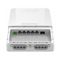 A Grandstream network device showcasing multiple ports and LED indicators for connectivity and power management.