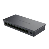 A sleek, gray Ethernet switch featuring eight ports for network connectivity with indicator lights.