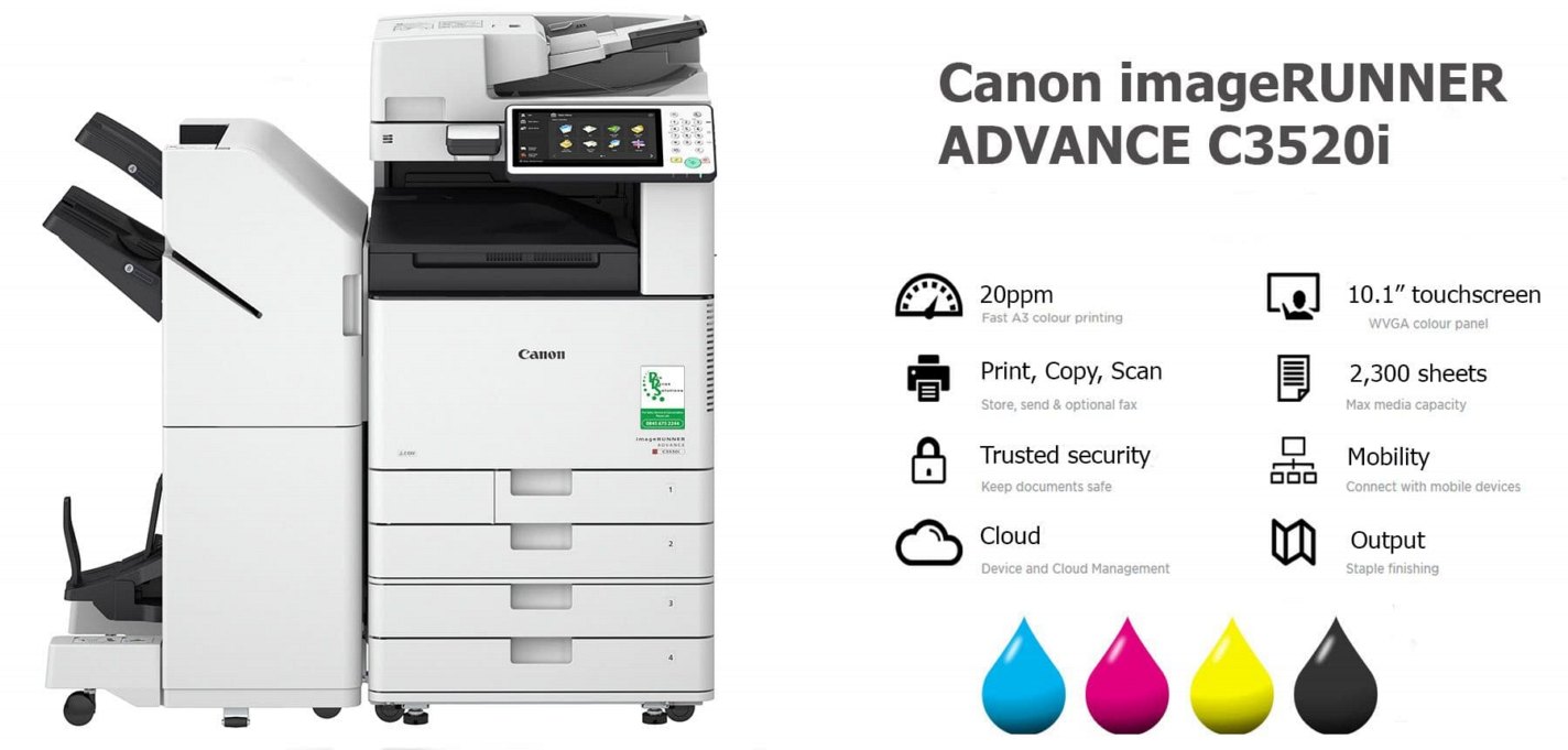 Canon imageRUNNER ADVANCE C3520i Multifunction Printer Multifunction printer with printing, copying, and scanning features, showcasing a sleek design and specifications including a 10.1" touchscreen and fast print speeds.