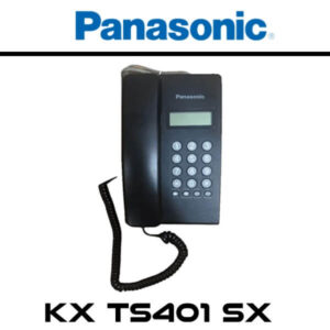 A black corded telephone model KX-TS401SX by Panasonic featuring a numeric keypad and an LCD display.