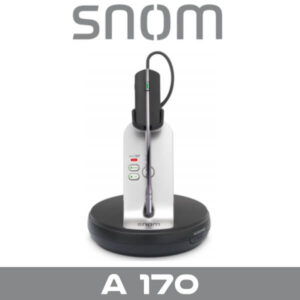 A sleek docking station for the Snom A170 headset featuring indicator lights and a modern design.