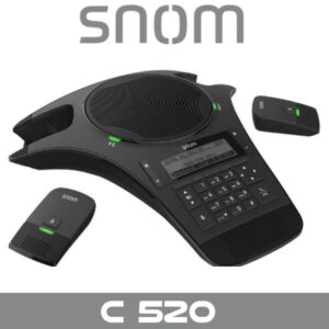 A sleek black conference phone with a central speaker and two wireless microphones, designed for seamless group communication.
