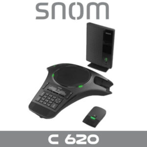 A sleek black Snom C620 conference phone setup including the main unit, a base station, and a remote control.