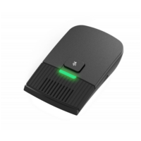 A sleek, portable air purifier with a green power indicator and a textured intake grille.