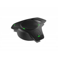 A sleek black conference speakerphone featuring green LED indicators and a built-in keypad for easy access and control.