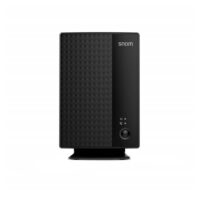 A sleek, black Snom communication device with a textured surface and power button.