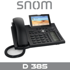 A black Snom D385 VoIP phone featuring a large display, multiple buttons, and a coiled handset, ideal for office environments.