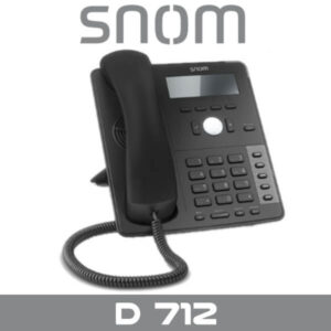A sleek black Snom D712 VoIP phone featuring a handset, numeric keypad, and digital display.