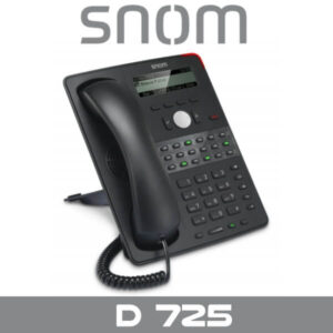 A black Snom D725 VoIP phone featuring a keypad, a display screen, and a handset, designed for office communication.