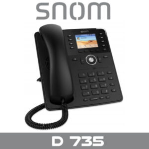 A Snom D735 VoIP desk phone featuring a sleek design with a digital display, keypad, and a coiled handset.
