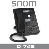 A sleek black Snom D745 VoIP phone with a numeric keypad, display screens, and a coiled handset.