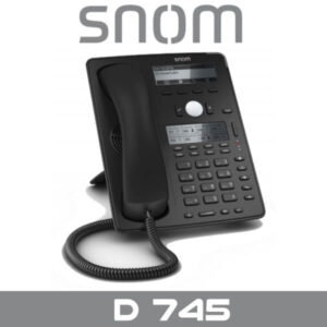 A sleek black Snom D745 VoIP phone with a numeric keypad, display screens, and a coiled handset.