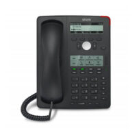 A black Snom SIP desk phone featuring a numeric keypad, multiple function buttons, and a digital display showing date and time.