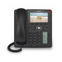 A sleek Snom D785 VoIP desk phone featuring a black handset, a digital display, and a variety of programmable buttons for enhanced telecommunication functionality.