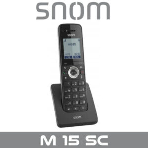 A sleek Snom M15 SC cordless phone displayed on its charging base, featuring a digital screen and keypad.