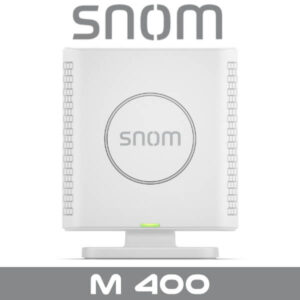A sleek, white VoIP base station with the Snom logo and green indicator light, designed for modern communication systems.