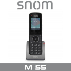 A sleek Snom M55 wireless VoIP phone displayed on its charging dock, showcasing its illuminated screen and keypad.