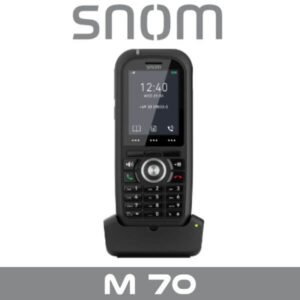 A sleek Snom M70 cordless VoIP phone displayed on a charging dock, showcasing a modern design with a clear screen and functional keypad.