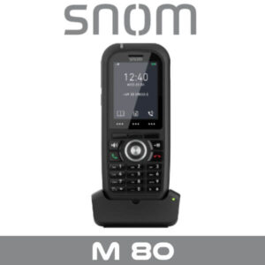 A sleek Snom M80 wireless phone displayed on its charging dock, featuring a modern design and clear digital screen.
