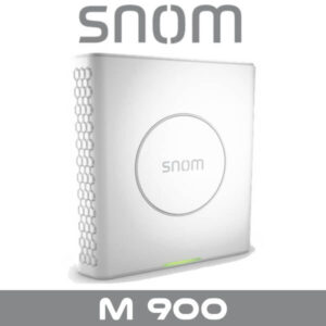 A sleek, white Snom M900 VoIP base station featuring a circular logo and green indicator light for connectivity.