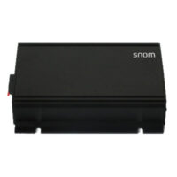 Snom VoIP Adapter::A black Snom VoIP adapter featuring a sleek design and the brand name on the top.