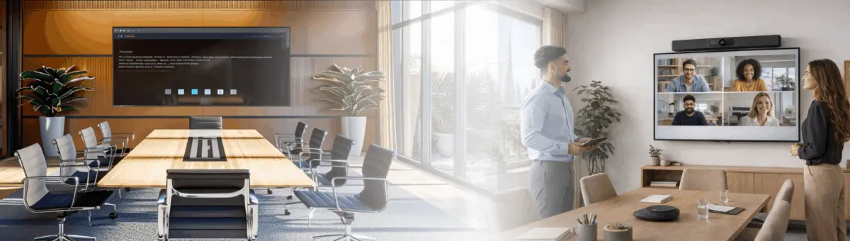 Video conferencing rental Dubai — VDS engineer completing Teams Rooms setup in a Dubai office meeting room