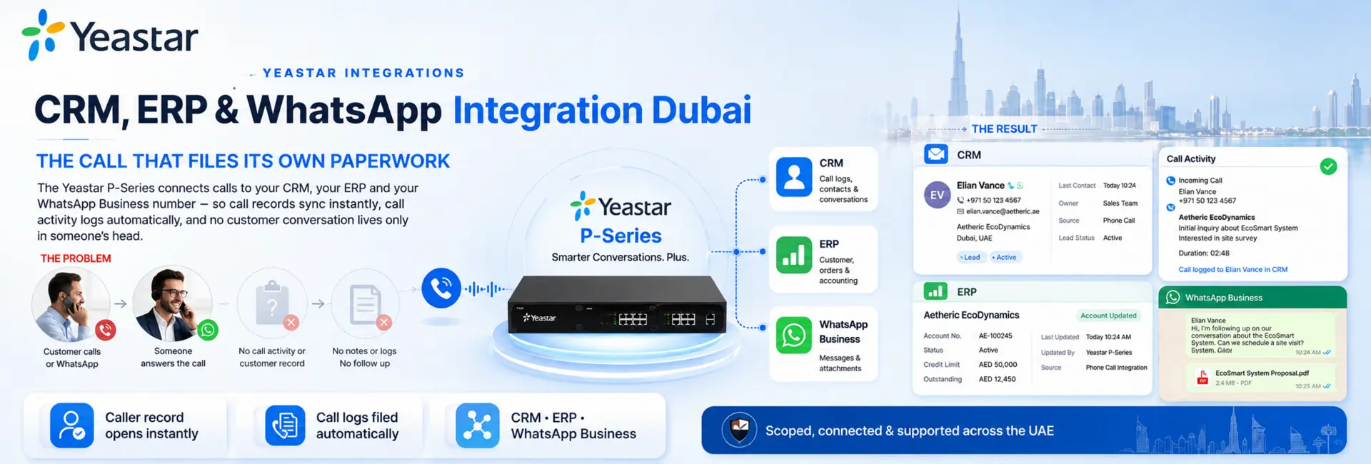 Yeastar CRM telephony integration Dubai and Abu Dhabi — the call that files its own paperwork: CRM, ERP and WhatsApp Business connected to the P-Series
